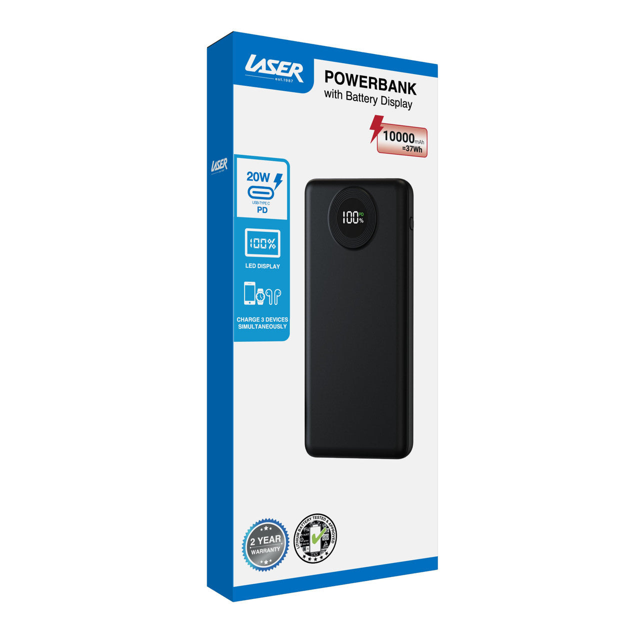 Laser 10000mAh Powerbank with LED Display Black