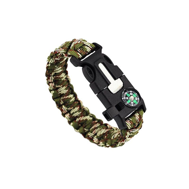 Flint Fire Starter 5In1 Survival Paracord Bracelet Whistle Compass Gear Tool Kit - Green White
