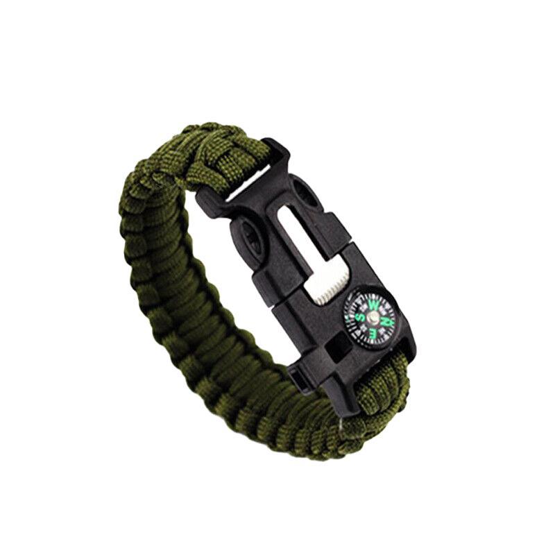 Flint Fire Starter 5In1 Survival Paracord Bracelet Whistle Compass Gear Tool Kit - Green White