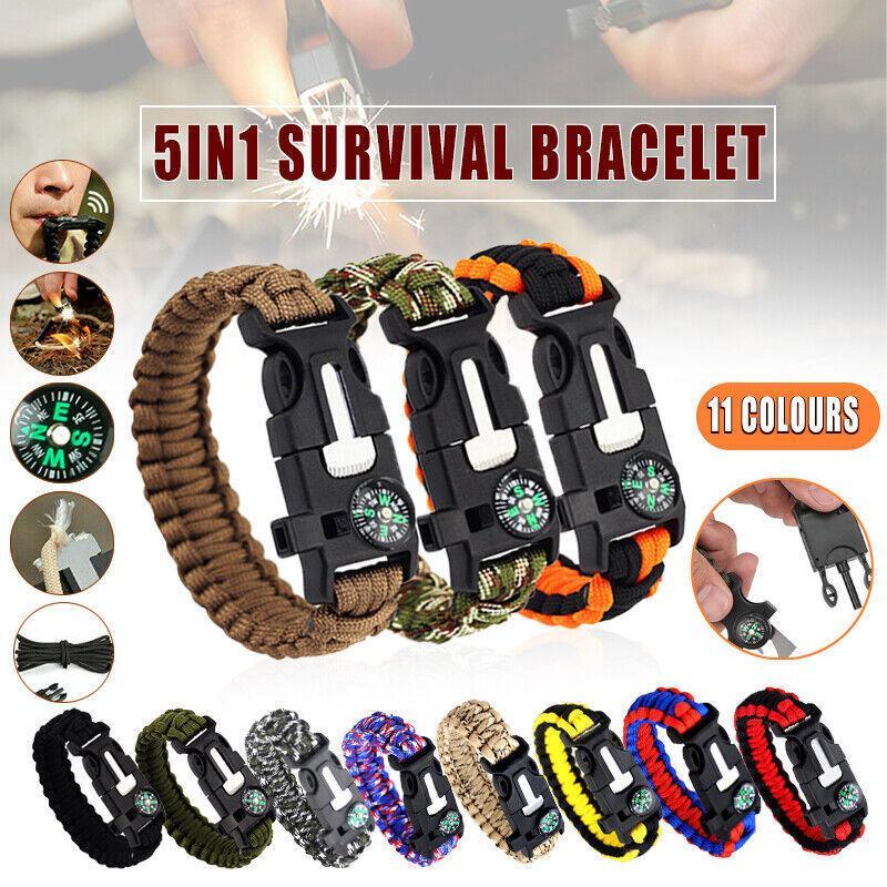Flint Fire Starter 5In1 Survival Paracord Bracelet Whistle Compass Gear Tool Kit - Red Navy