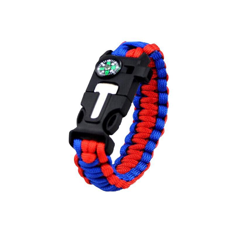 Flint Fire Starter 5In1 Survival Paracord Bracelet Whistle Compass Gear Tool Kit - Red Navy