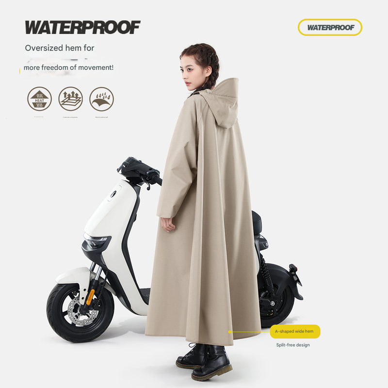 Khaki Long Full-Body Waterproof Raincoat for Electric Scooters & Motorcycles - Men's and Women's Riding Poncho with Adjustable Hood and Sleeve Design(XL)