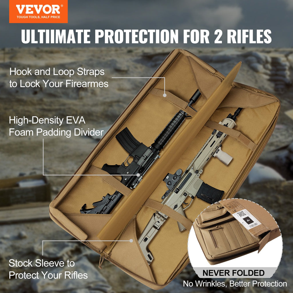 VEVOR Rifle Bag, 42 inch Tactical Double Long Gun Bag, Soft Rifle Case with Lockable Zipper, Portable Handle & Shoulder Strap, 3 Large Storage Pockets Rifle Case for Two 40" Rifles & 2 Pistols, Brown