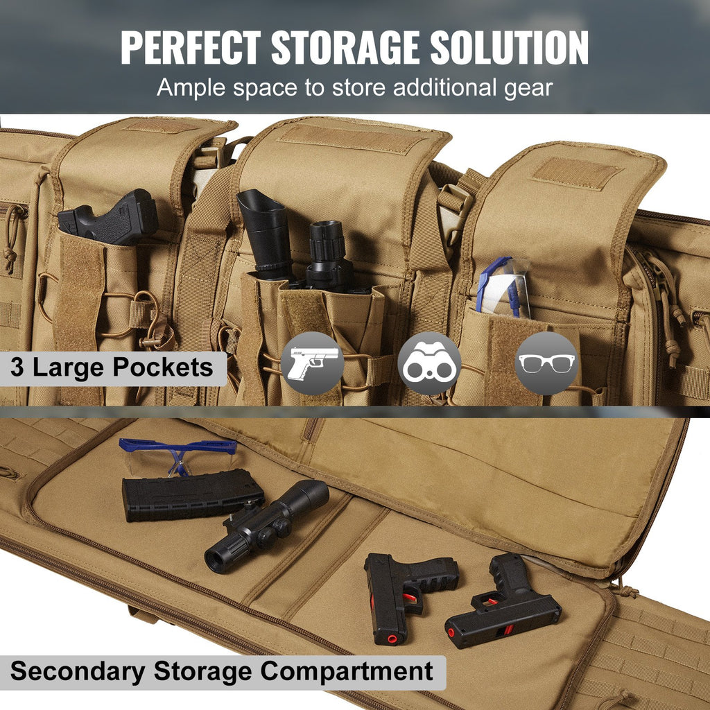 VEVOR Rifle Bag, 42 inch Tactical Double Long Gun Bag, Soft Rifle Case with Lockable Zipper, Portable Handle & Shoulder Strap, 3 Large Storage Pockets Rifle Case for Two 40" Rifles & 2 Pistols, Brown